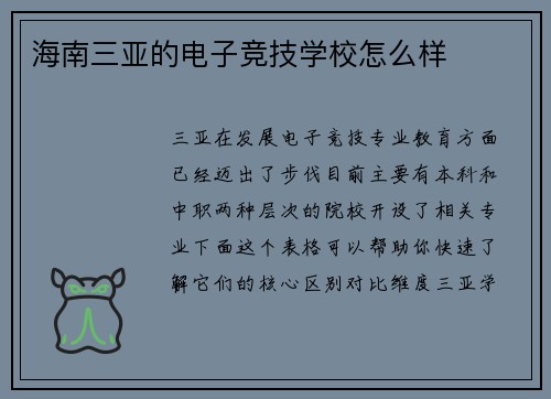 海南三亚的电子竞技学校怎么样